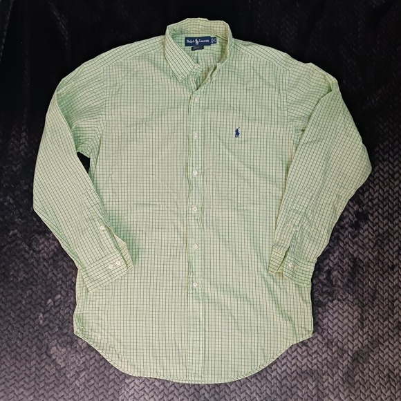 Ralph Lauren Yarmouth 100% Cotton Button Up Long Sleeve Plaid Design Green Sz 15 - Picture 1 of 10